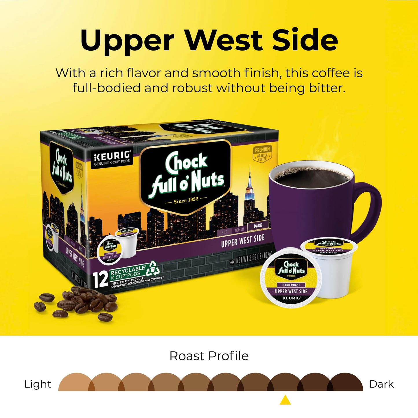 Chock Full o Nuts Dark Roast Coffee, Keurig K-Cup Pods, 12 Count