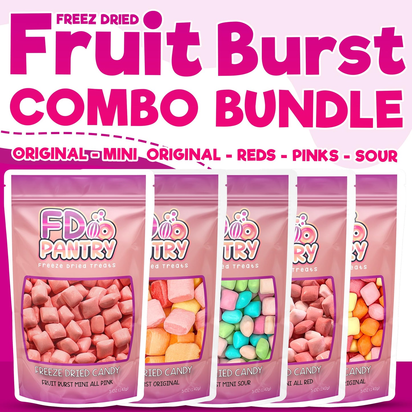 Freeze Dried Candy Variety Pack 5oz (5 Pack) - Freeze Dried Candy Bulk, Original, Mini Original, All Pinks, All Reds, Sour Assor