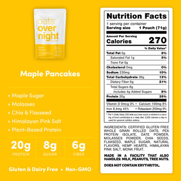 Oats Overnight Maple Pancakes - Vegan Breakfast Shake, 20g Protein, High Fiber, Gluten Free, 2.5 oz (8 Pack + BlenderBottle)
