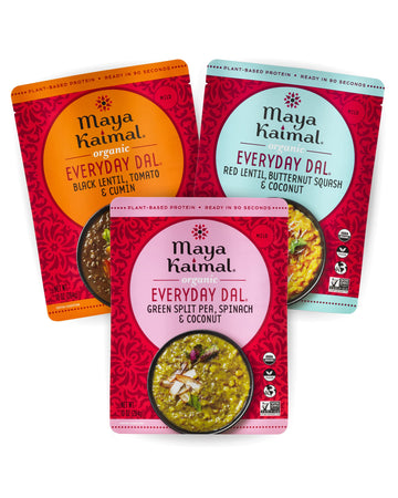 Maya Kaimal Foods - Organic Indian Everyday Dal - Variety Pack 10Oz - Red Lentil, Black Lentil, Green Split Pea - Fully Cooked -