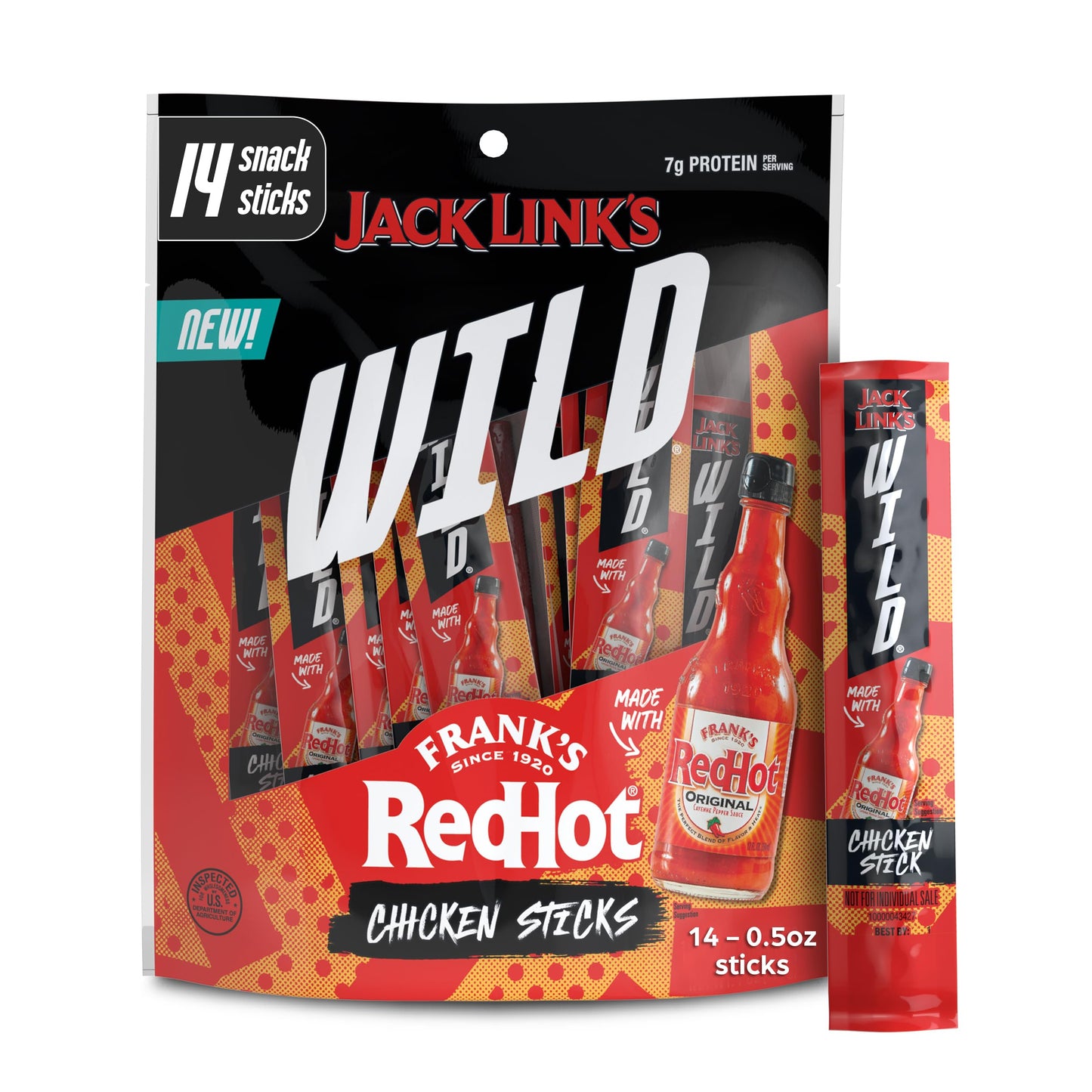 Jack Link's Wild Mini Chicken Sticks Made with Frank's RedHot Flavor - 7g of Protein Snacks, On The Go Snacking, Keto & Paleo Sn