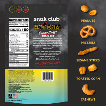 Snak Club x Hot Ones Smoky Sweet Snack Mix, Spicy Snacks with Peanuts, Pretzels, Sesame Sticks, Toasted Corn & Cashews, Inspired