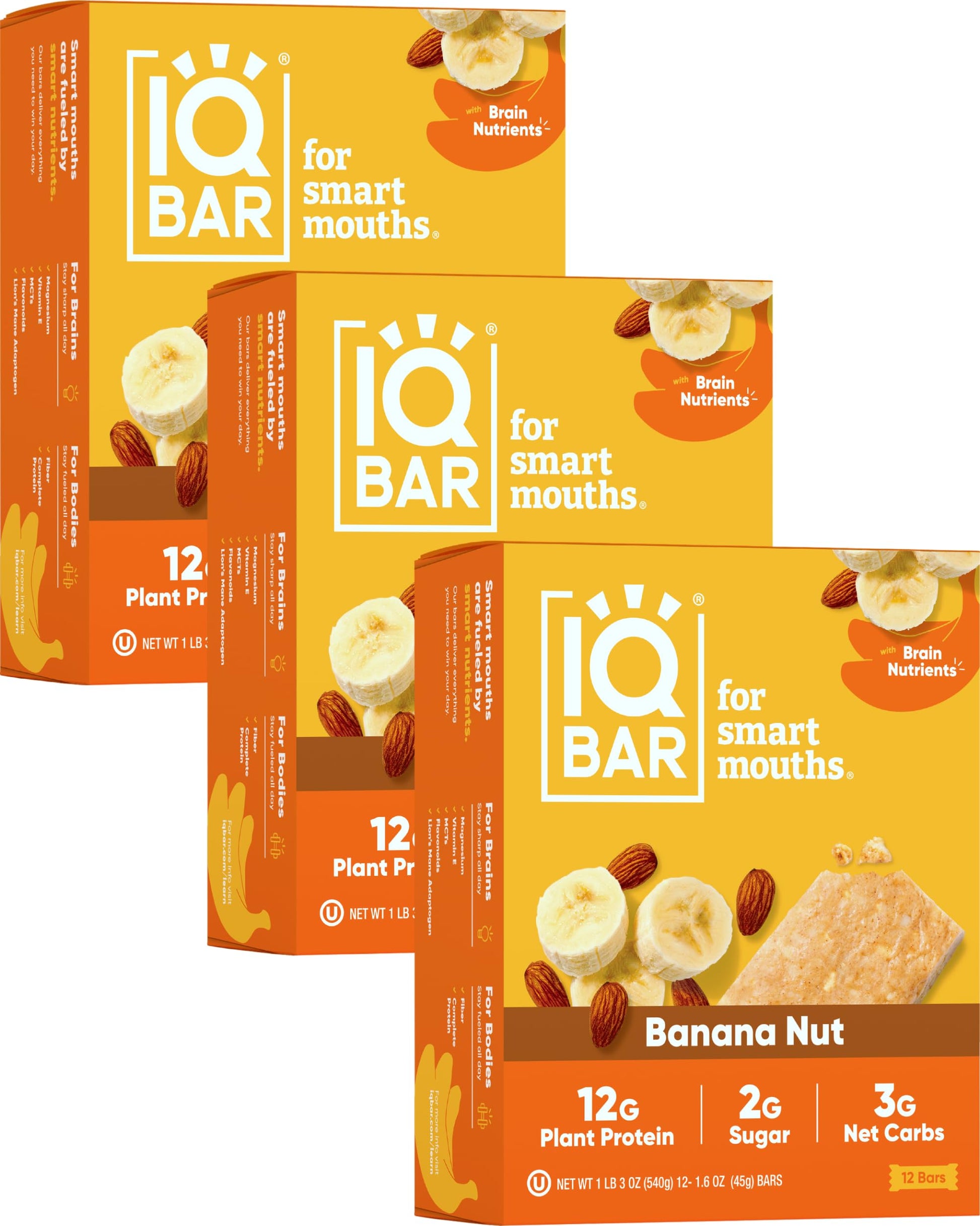 IQBAR Keto Protein Bars - Banana Nut Flavor - Low Carb, High Fiber, Vegan - 36 Count Energy Bars - Snack Size (12 Count Pack of 3)