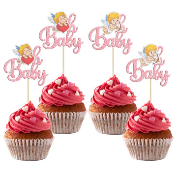 Gyufise 24Pcs Valentine Oh Baby Cupcake Toppers Pink Glitter Cupid Babyshower Cupcake Picks Decorations For Valentine'S Day Them