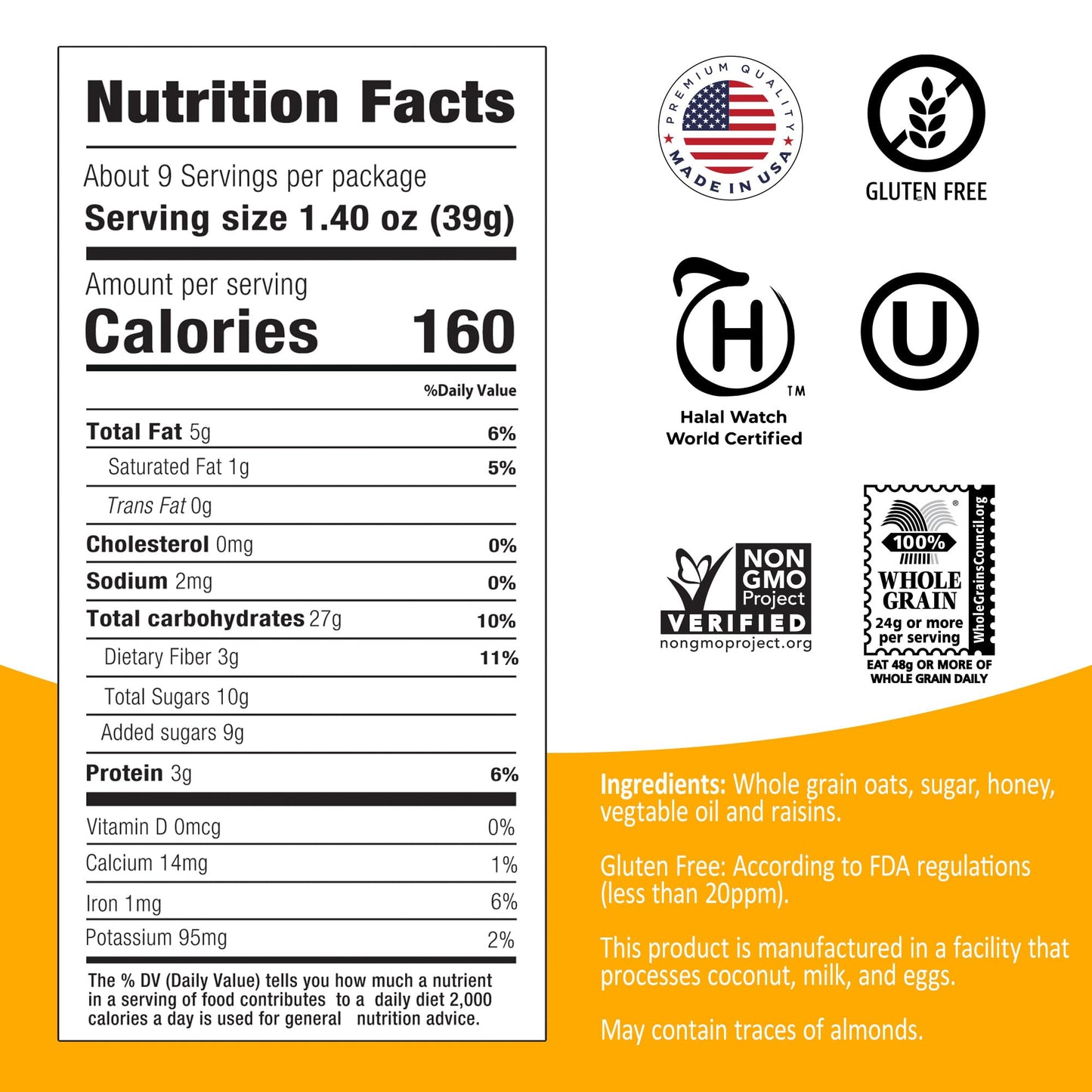 Avelina Gluten Free Granola Honey & Raisins - Healthy Oatmeal-Based Cereal - Kosher, Non-Gmo - (12.3 Oz, 4-Pack)