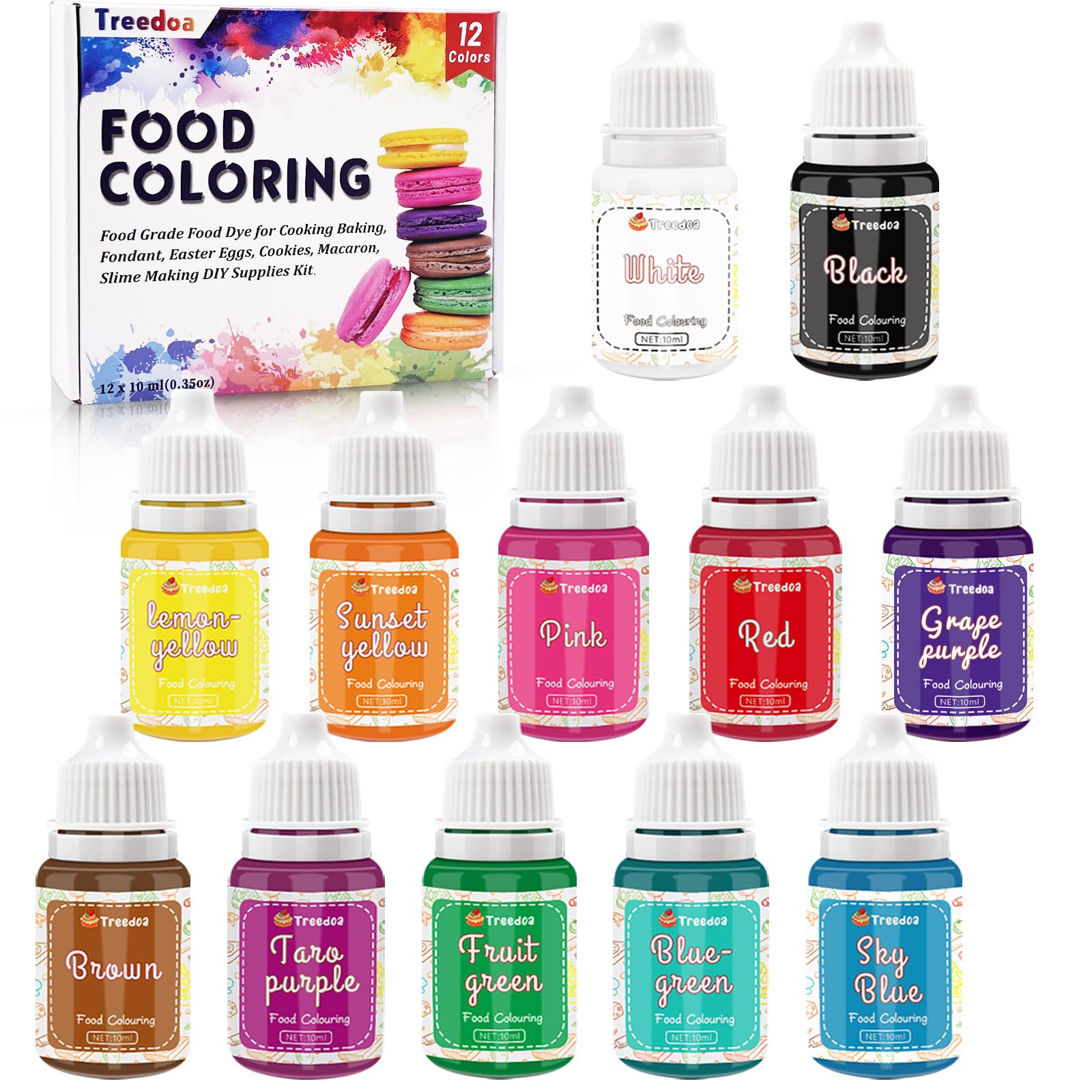 Treedoa Food Coloring Liquid Set, 12 Vibrant Colors, 0.35 Fl Oz Bottles