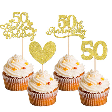 24 Pcs 50Th Anniversary Cupcake Toppers Gold Glitter Heart 50 Golden Wedding Anniversary Cupcake Picks For Cheers To 50 Years Bl