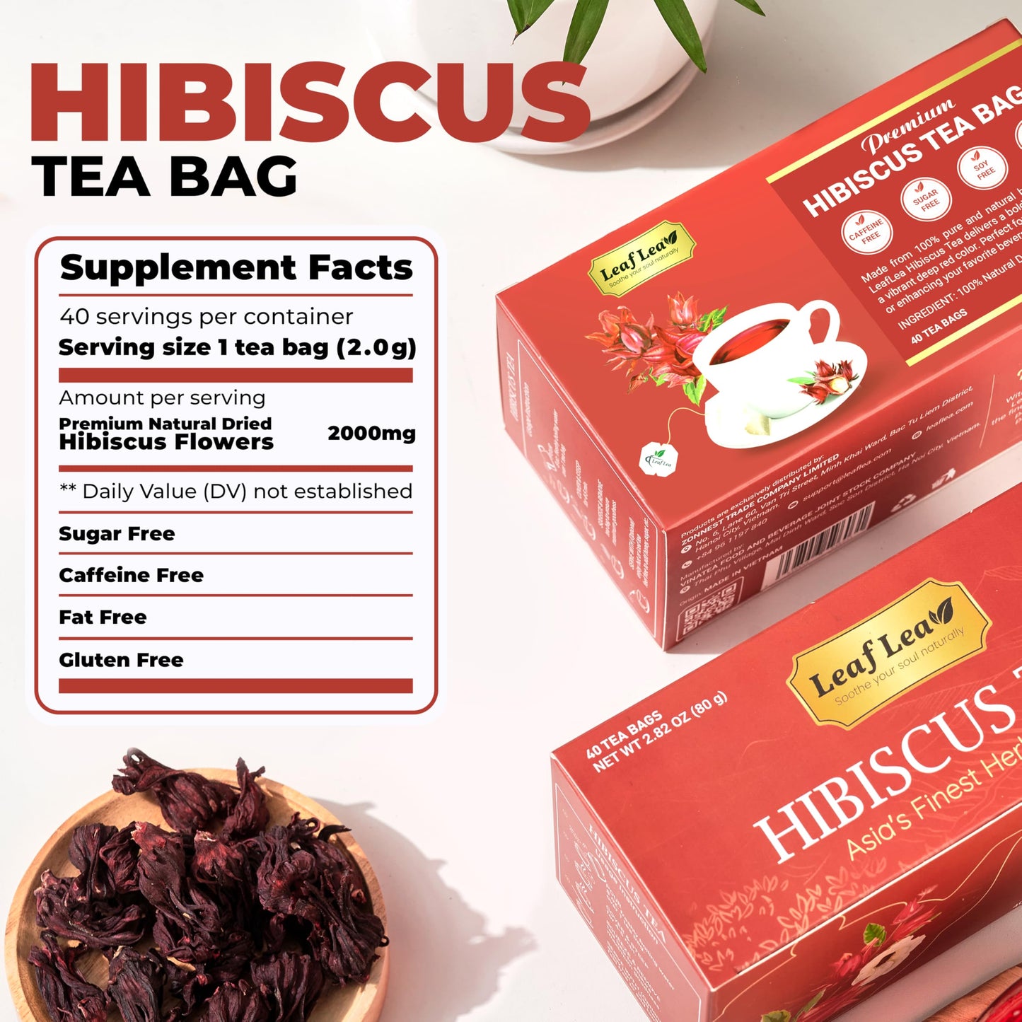 LeafLea Hibiscus Tea Bags, Caffeine-Free, Sugar-Free, Non-GMO, 160 Count (Pack of 4)