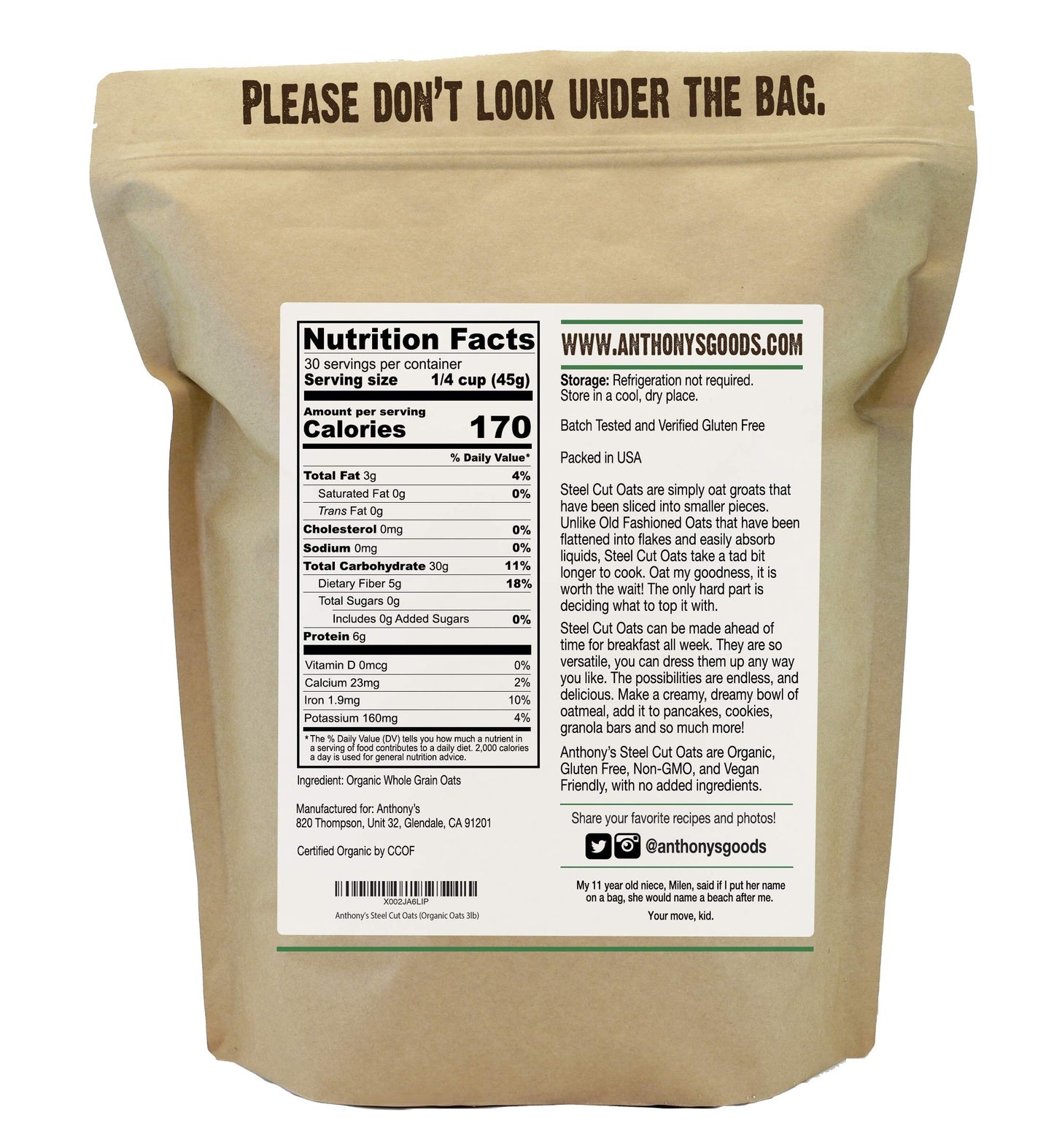 Anthony's Organic Steel Cut Oats, 3 lb Gluten Free Irish Oatmeal, Non-GMO Whole Grain Breakfast Cereal