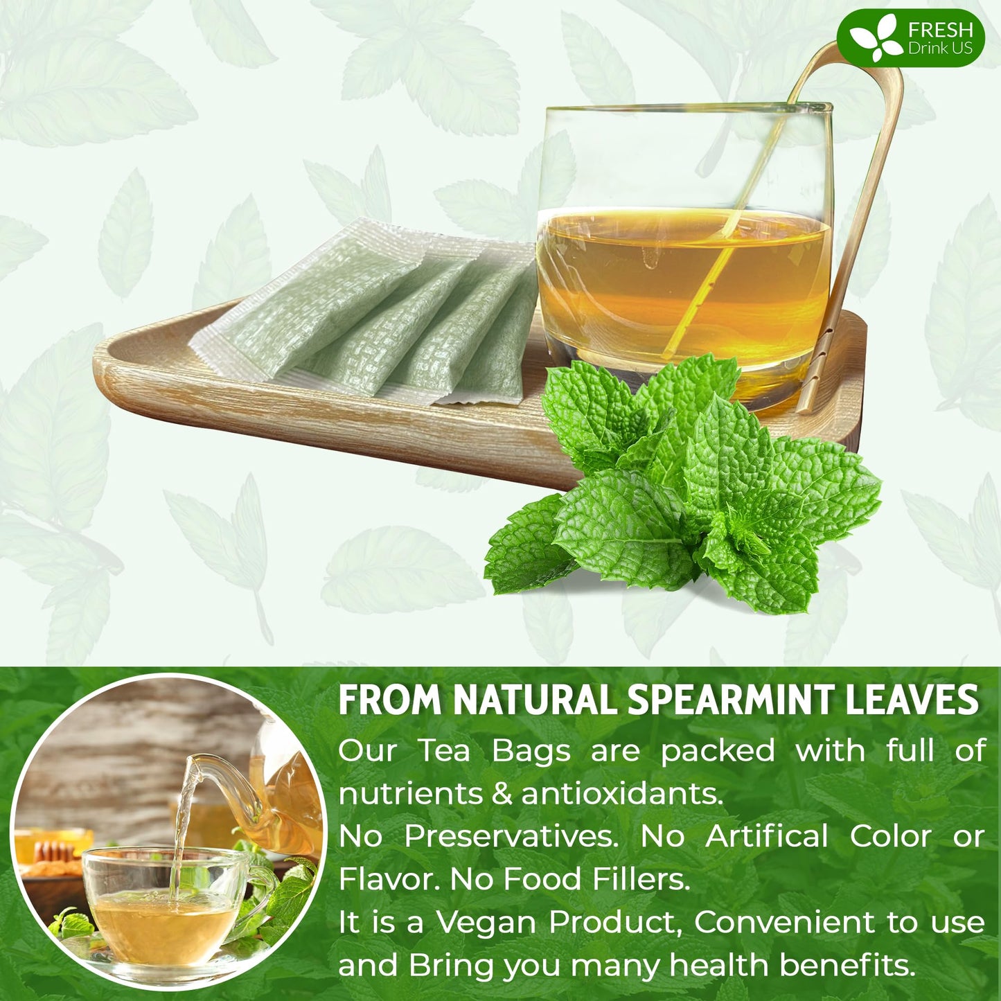FRESHDRINKUS Spearmint Tea Bags - 100% Natural Herbal Tea, Caffeine-Free, Vegan, 135 Count