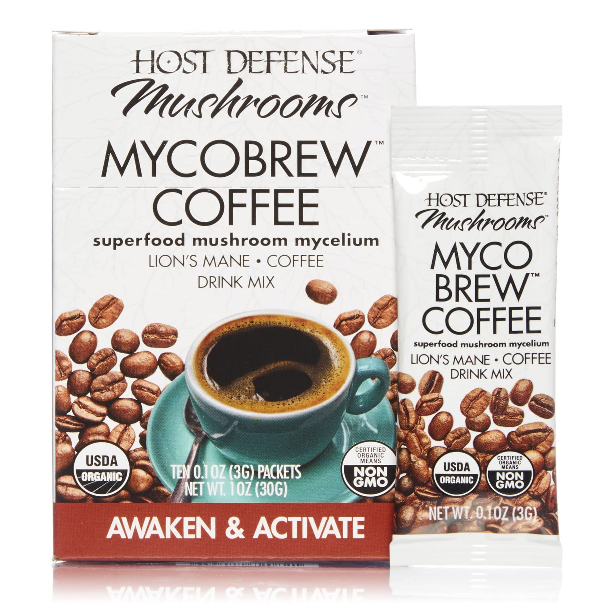 Host Defense, Mycobrew Instant Coffee Drink Mix, Supports Energy And Focus, With Lion’S Mane Mushroom, 1Oz - 10 Packets (0.1Oz Each)