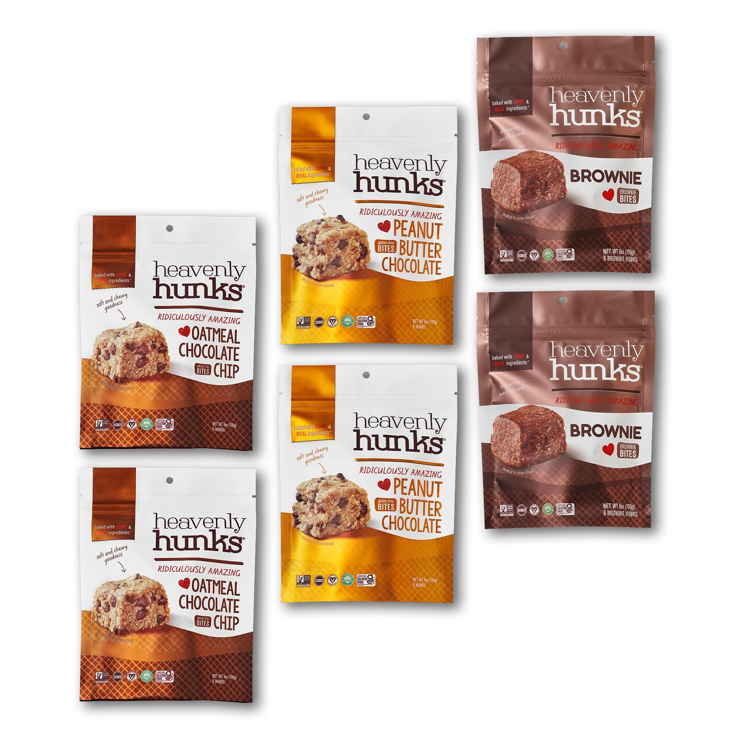 Heavenly Hunks Variety Gift Box 6oz Bags (6 Pack) - Oatmeal Chocolate Chip  Peanut Butter Chocolate & Brownie Bites