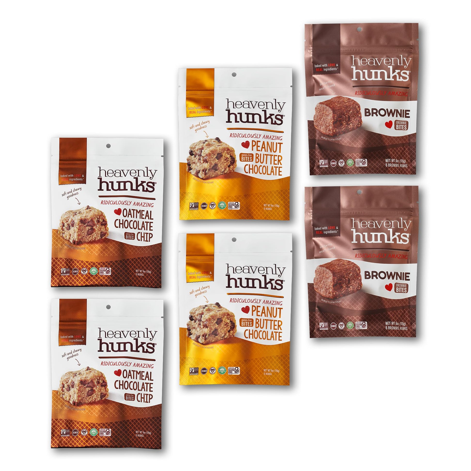 Heavenly Hunks Variety Gift Box 6oz Bags (6 Pack) - Oatmeal Chocolate Chip  Peanut Butter Chocolate & Brownie Bites