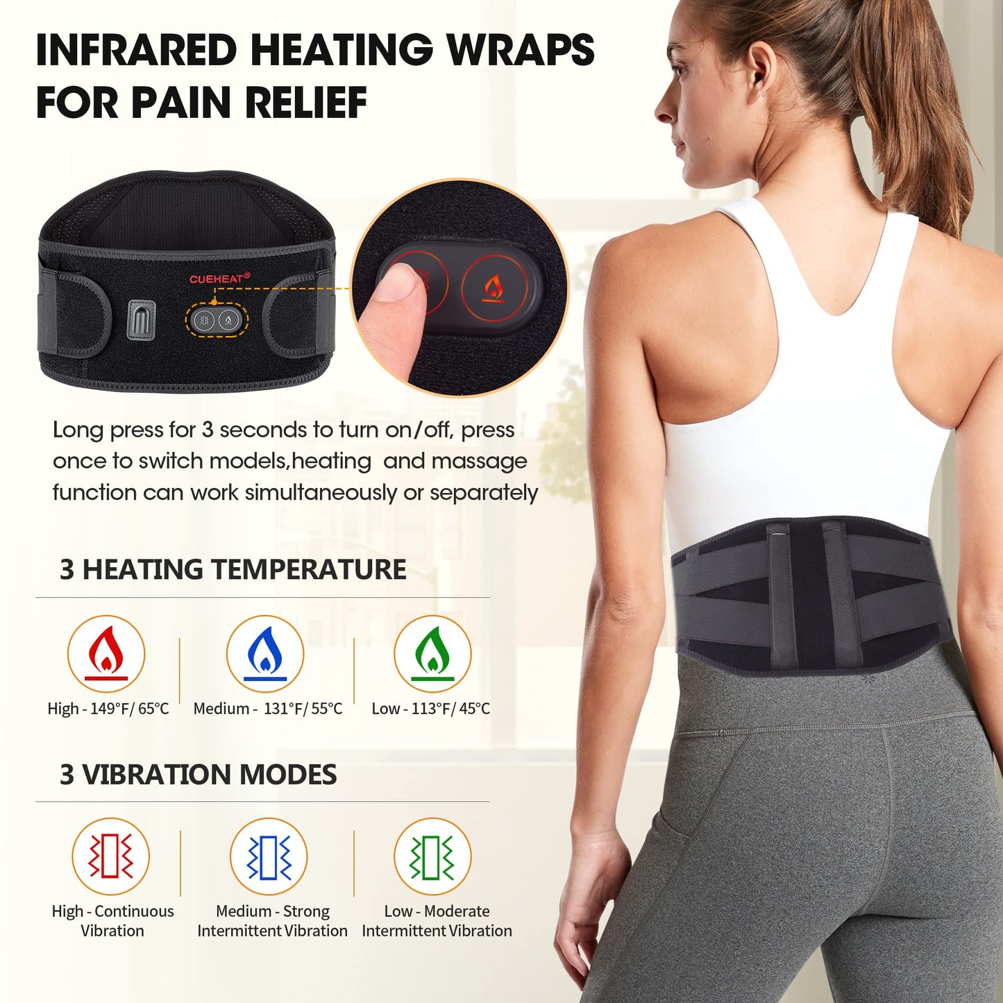 Cueheat Heating Pad Back Brace With Heat And Massage,Heated Back Massager With Rechargeable Battery, Back Heat Support Belt For