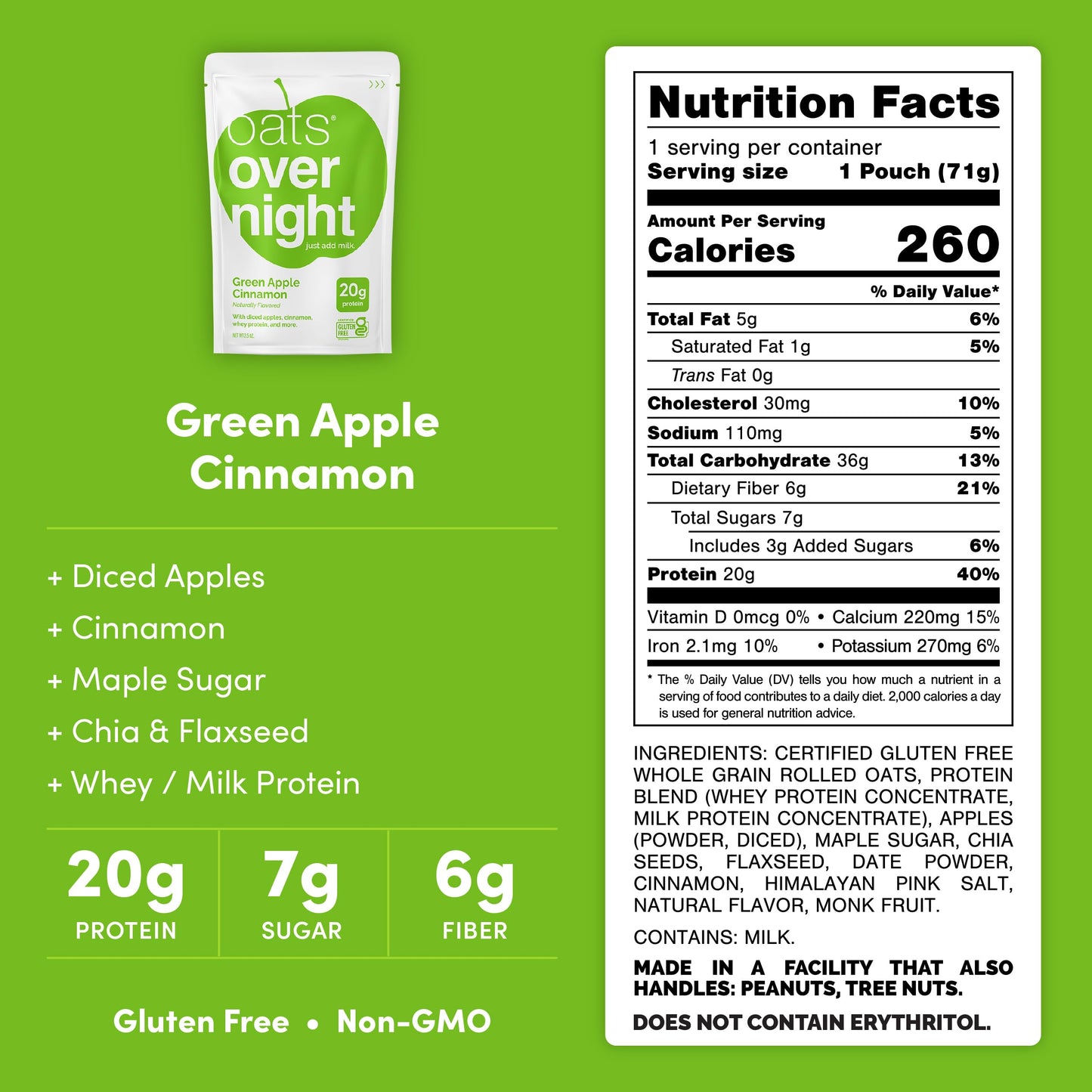 Oats Overnight Green Apple Cinnamon Overnight Oats, 20g Protein, 2.6 oz (Pack of 8) - Gluten Free, Non-GMO
