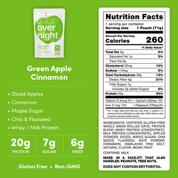 Oats Overnight Green Apple Cinnamon Overnight Oats, 20g Protein, 2.6 oz (Pack of 8) - Gluten Free, Non-GMO
