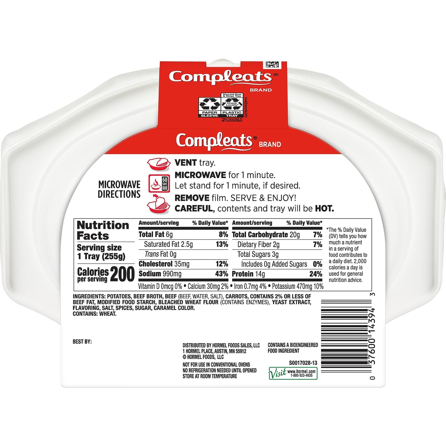 HORMEL COMPLEATS Beef Pot Roast Microwave Tray, 9 Ounce, Pack of 6, Model 20197