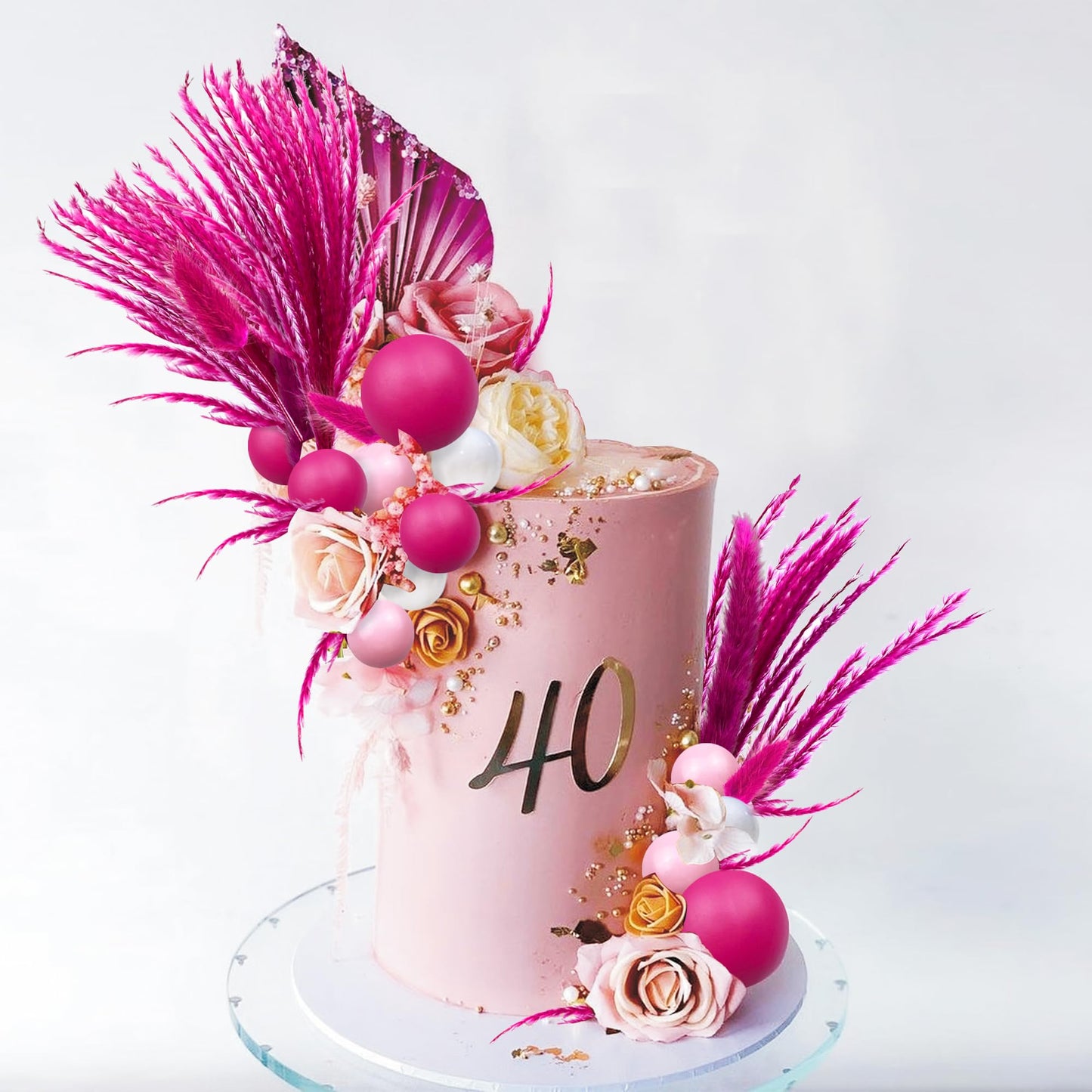 40 Pcs Hot Pink Girl Cake Toppers Ball Decoration Boho Bunny Tails Reed Grass For Wedding Birthday Baby Shower Party Supplies