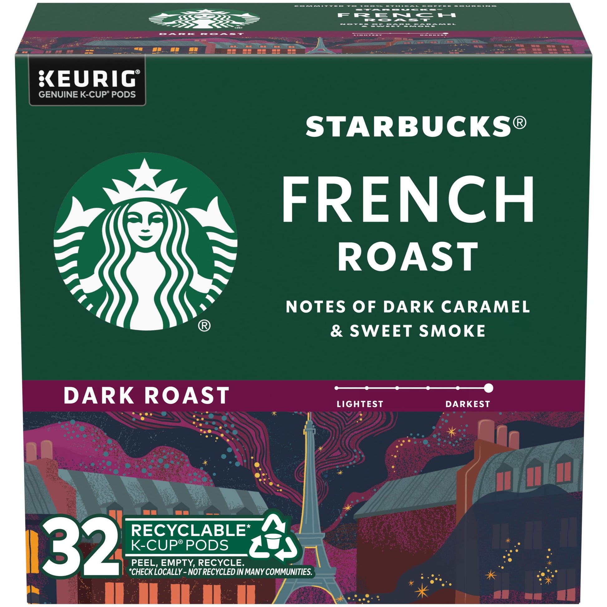 Starbucks K-Cup Coffee Pods, Dark Roast Coffee, French Roast, 100% Arabica, 1 Box (32 Pods)