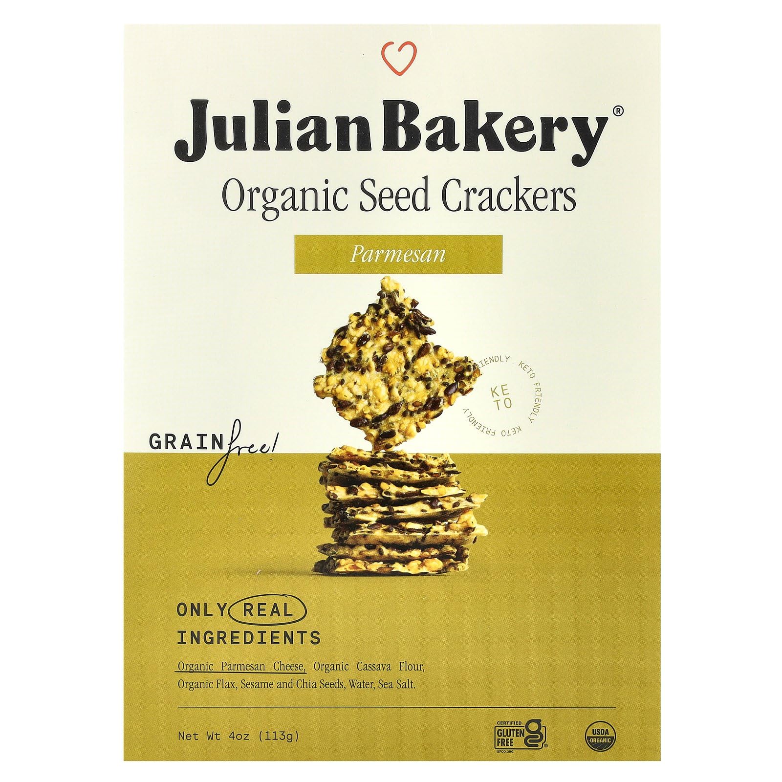 Julian Bakery Organic Seed Crackers - Parmesan 4oz | Gluten Free and Organic Certified | Grain Free | Low Carb