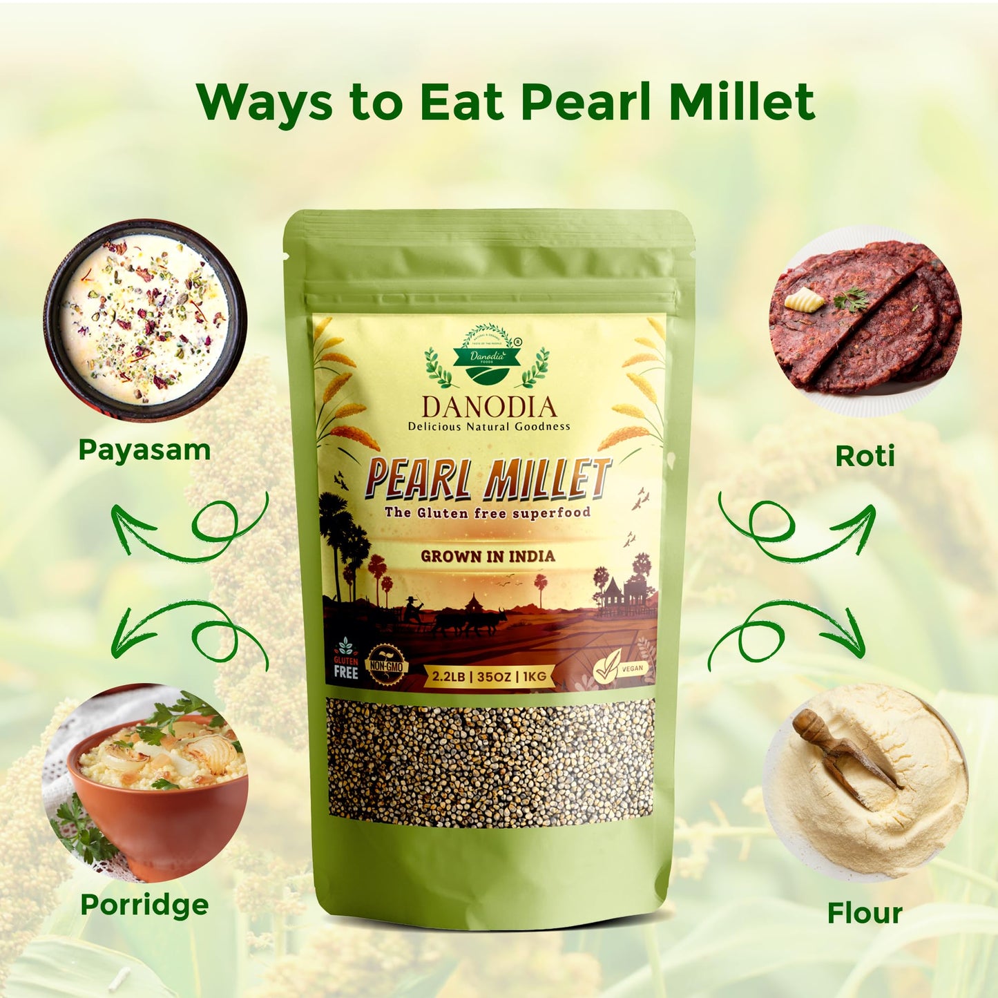 Danodia Foods Organic Pearl Millet (Bajra) - Unpolished Whole Grain, Gluten-Free, 2 lbs (950g)