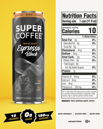 Super Coffee Espresso, Iced Keto Coffee (0G Added Sugar, 10 Calories) [Triple Shot Black] 11 Fl Oz, 12 Pack | Iced Coffee, Cold