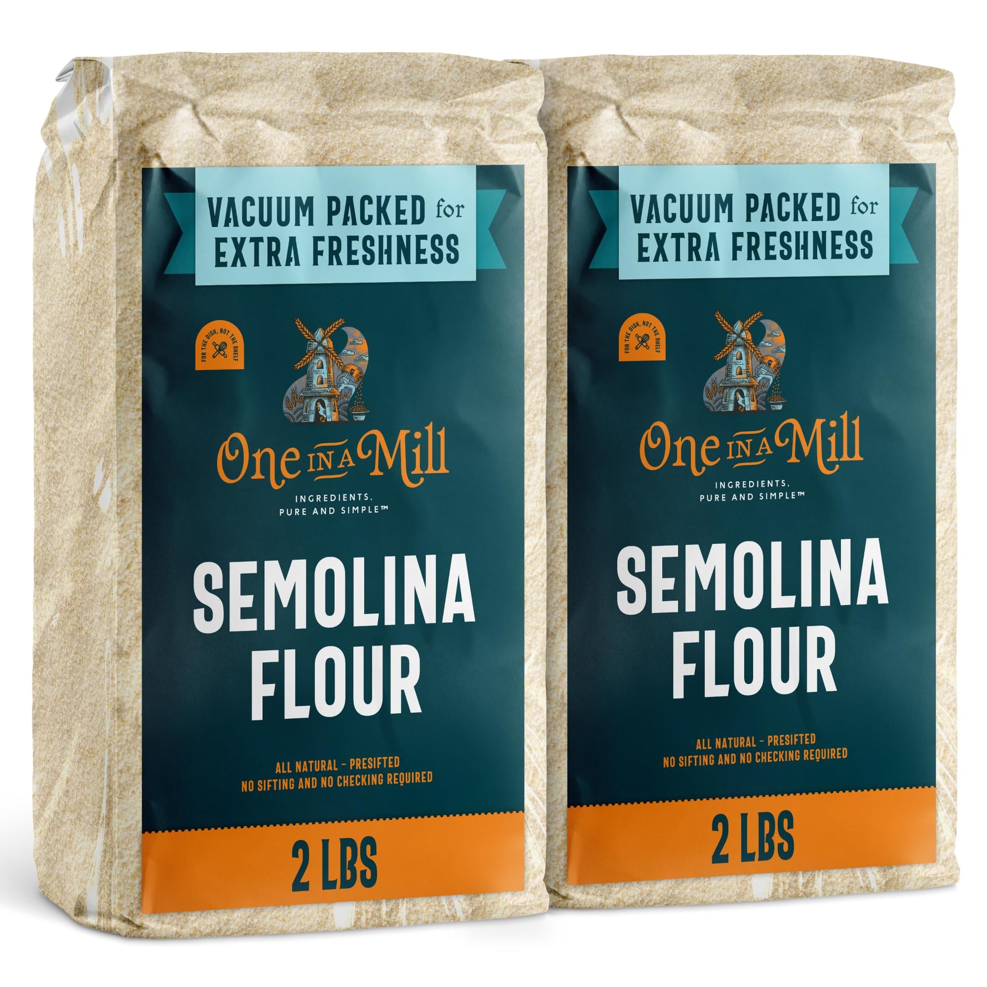 ONE IN A MILL Semolina Flour 2 LB Pack of 2 | High Protein Durum Wheat Flour for Pizza Dough, Pasta, Bread, and Couscous | Vacuu