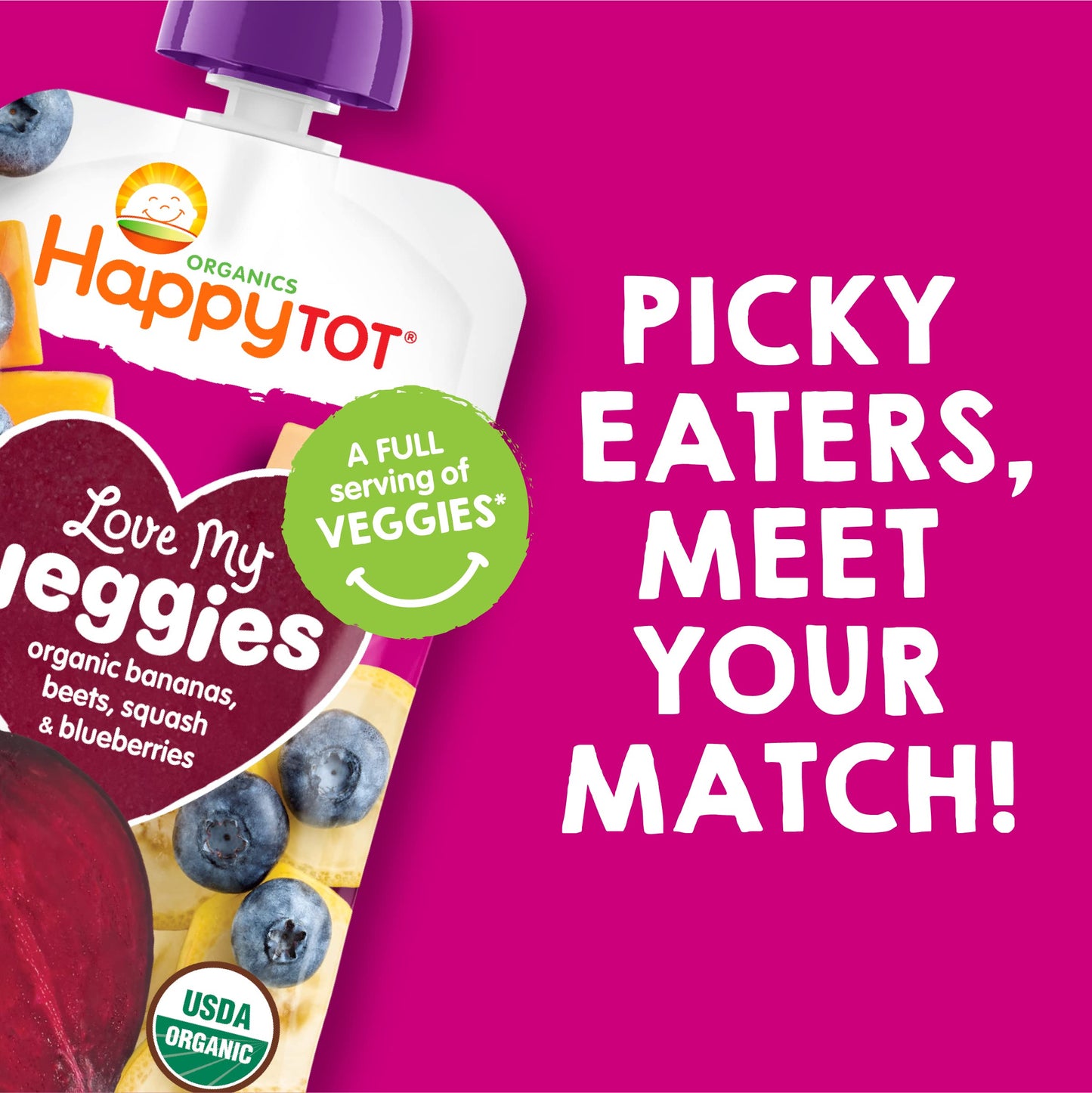 Happy Tot Organics Stage 4 Baby Food Pouches, Gluten Free, Vegan Snack, Love My Veggies, Fruit & Veggie Puree, Banana, Beet, Squ
