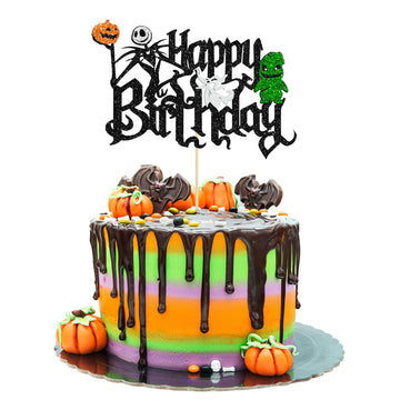 Gyufise 1Pc Halloween Happy Birthday Cake Topper Glitter Jack And Sally Pumpkin Bat Castle Ghost Halloween Cake Pick For Hallowe