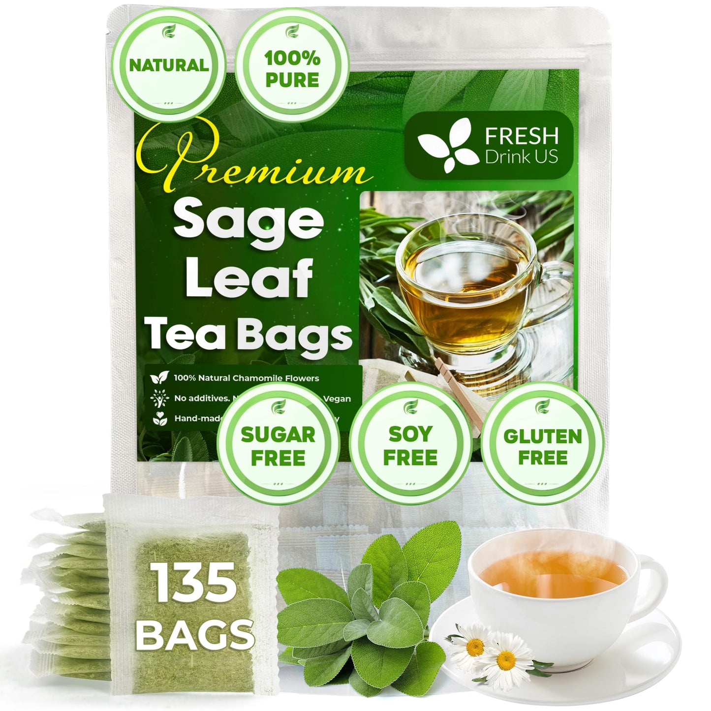 FRESHDRINKUS Sage Leaf Tea Bags, 100% Natural Herbal Tea, 135 Bags, Vegan, No Caffeine, No Sugar, Gluten-Free