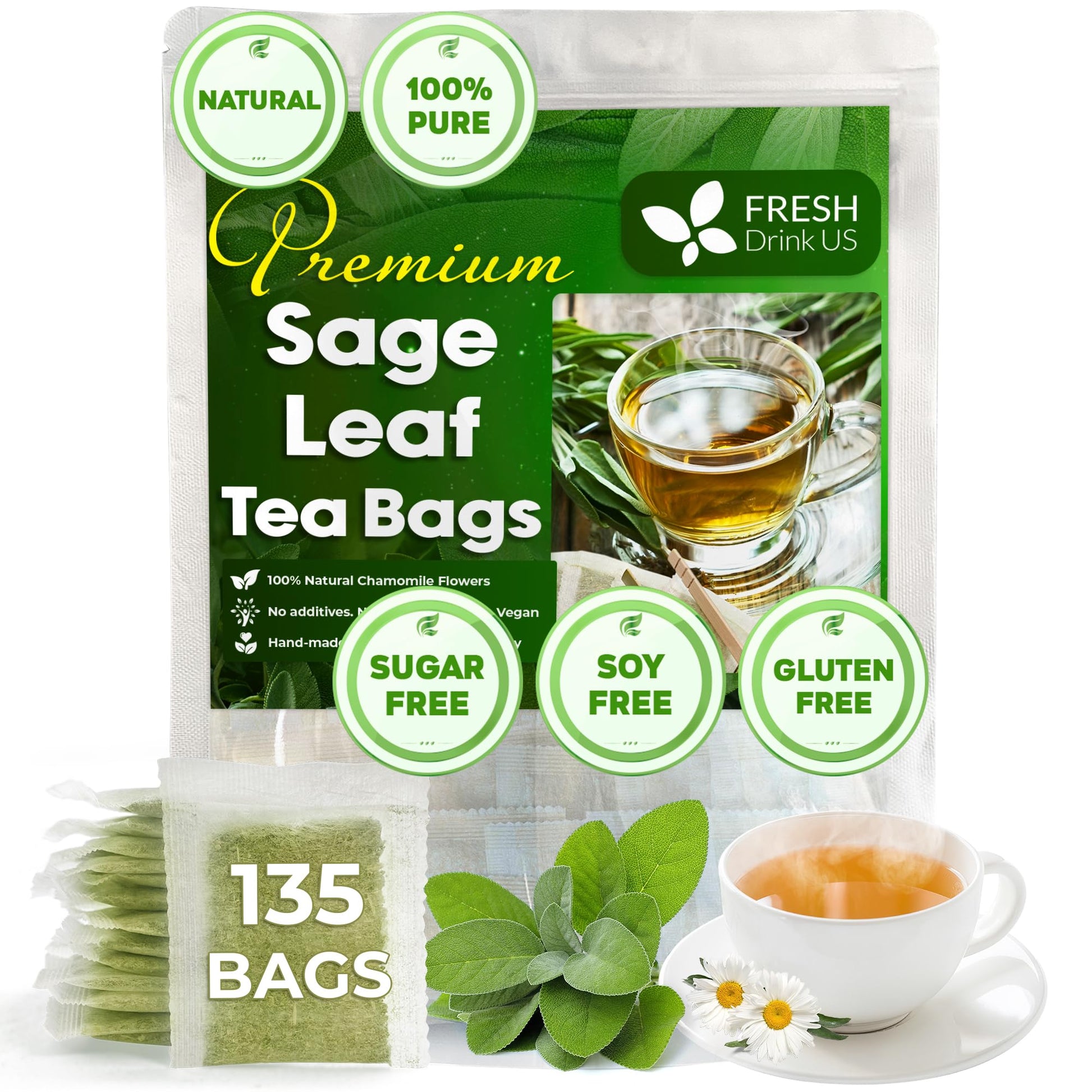 FRESHDRINKUS Sage Leaf Tea Bags, 100% Natural Herbal Tea, 135 Bags, Vegan, No Caffeine, No Sugar, Gluten-Free