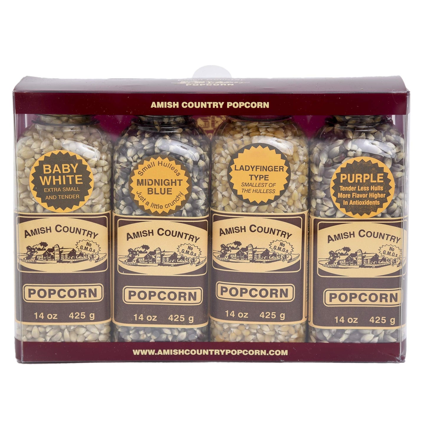 Amish Country Popcorn | Popcorn Kernel Variety Set | 4-14 Oz Bottles | Baby White, Midnight Blue, Ladyfinger, Purple Popcorn Ker