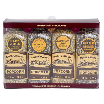 Amish Country Popcorn | Popcorn Kernel Variety Set | 4-14 Oz Bottles | Baby White, Midnight Blue, Ladyfinger, Purple Popcorn Ker