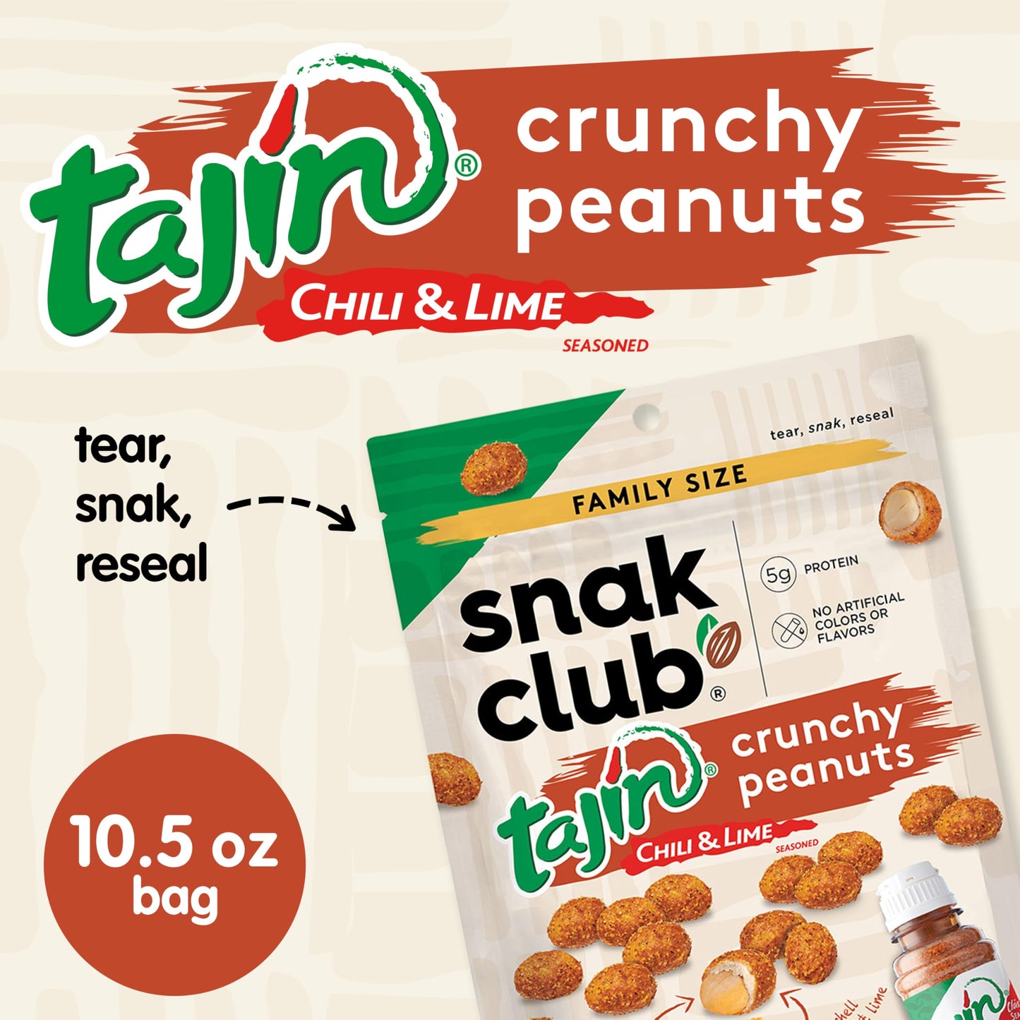 Snak Club Tajin Crunchy Peanuts, Nuts with Chili and Lime Seasoning, Mild, No Artificial Colors or Flavors, 10.5 oz Resealable B