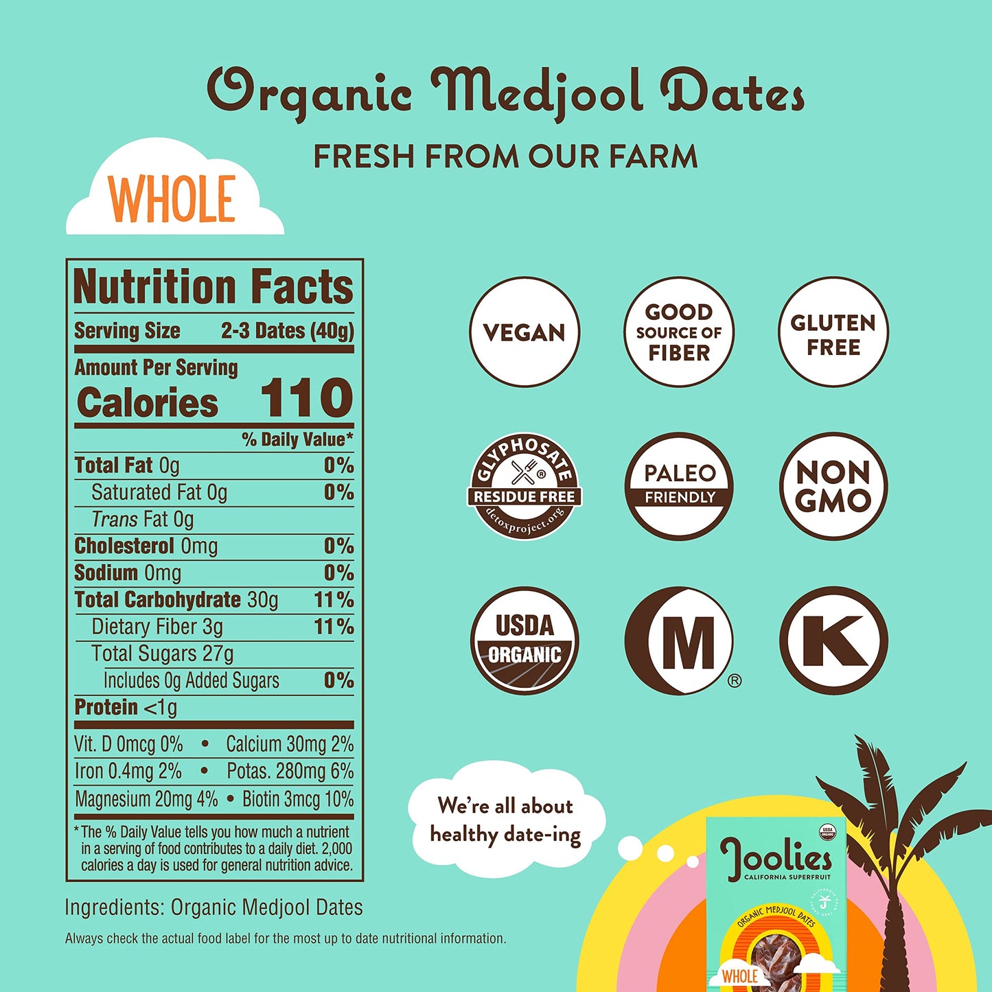 Joolies Organic Whole Medjool Dates | Large/Jumbo Grade, 4.4 Pound Eco Friendly Bulk Box | Fresh California Grown Fruit | Vegan,