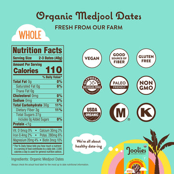 Joolies Organic Whole Medjool Dates | Large/Jumbo Grade, 4.4 Pound Eco Friendly Bulk Box | Fresh California Grown Fruit | Vegan,