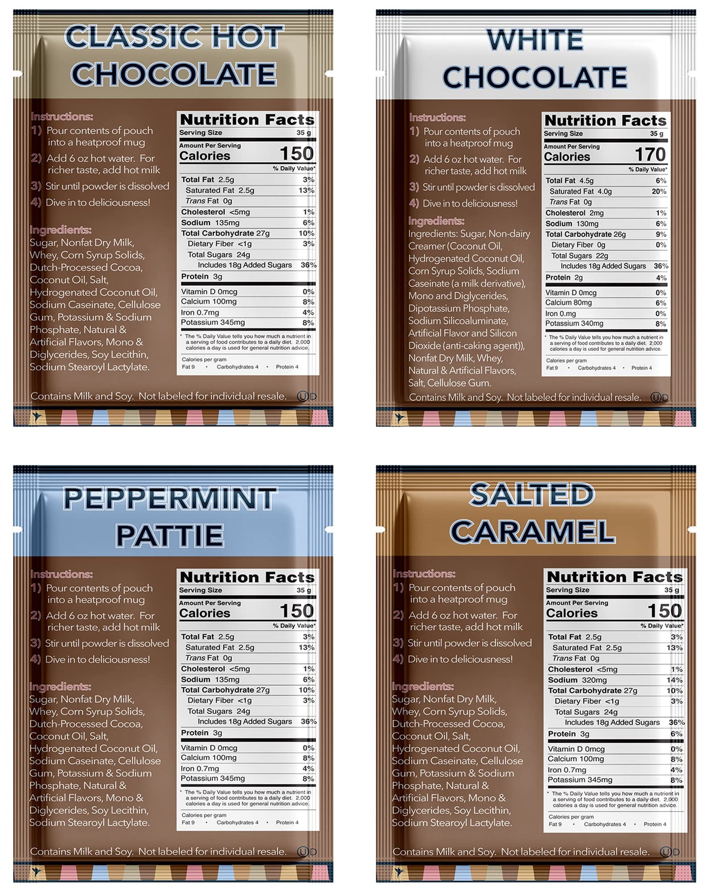 Double Donut Coffee Gourmet Hot Chocolate Mix Variety Pack, 32 Count - Classic, White Chocolate, Salted Caramel & Peppermint