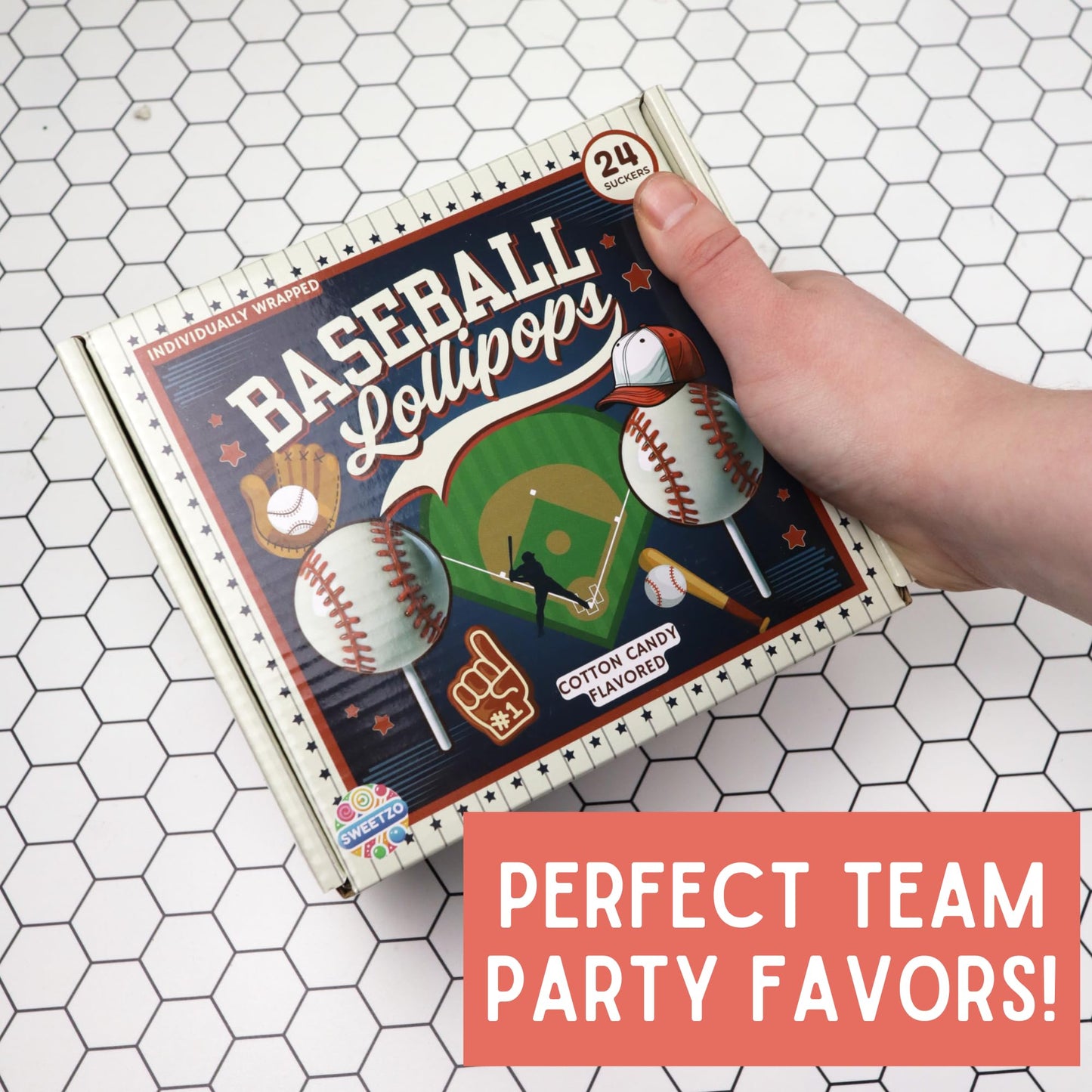 Sweetzo Baseball Lollipops, Strawberry Flavor, Individually Wrapped, 24 Count Box, 10.16 Ounces
