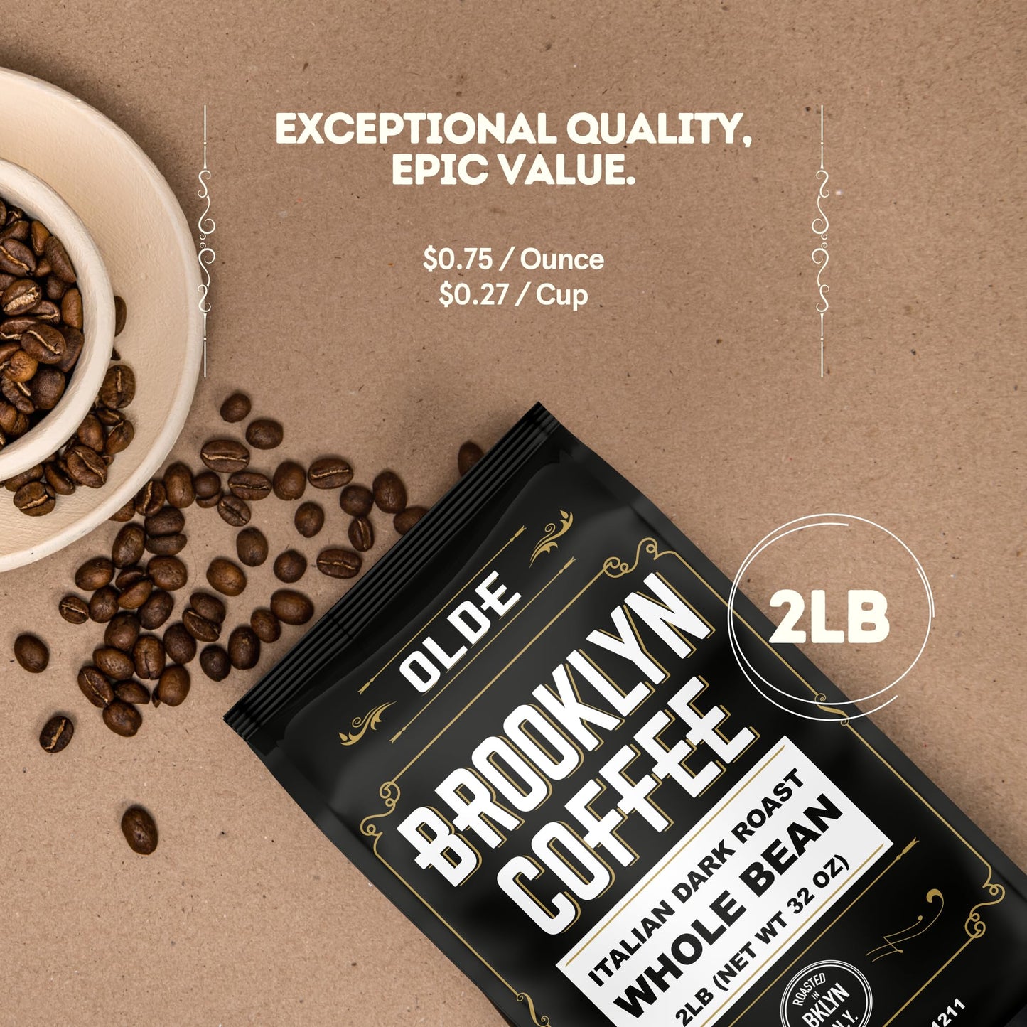 Brooklyn Coffee Whole Bean, Italian Dark Roast (2Lb) Extra Strong, Delicious Taste, Heavenly Aroma - Fresh Bulk Coffee Beans Roasted Weekly In Nyc