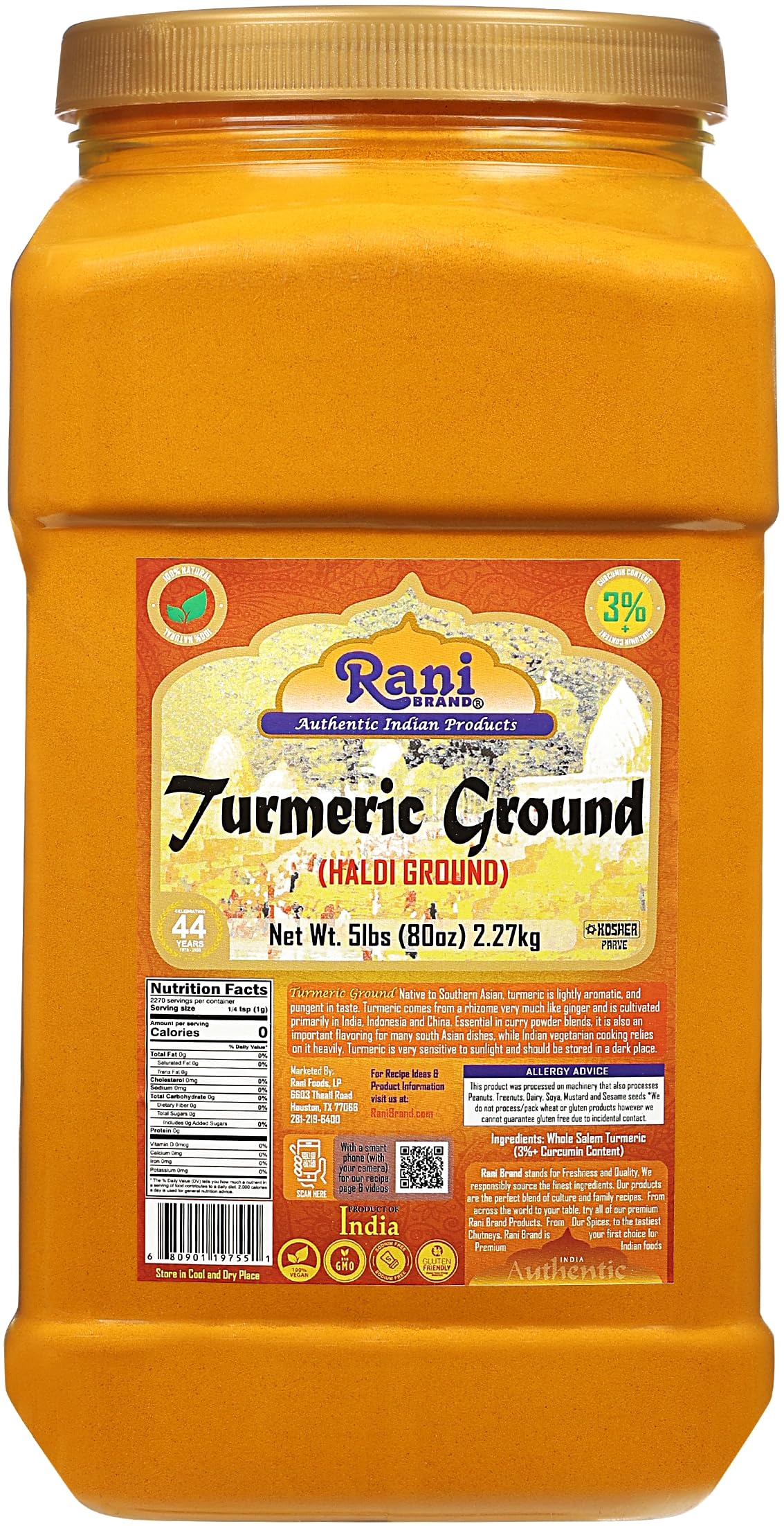Rani Turmeric Root Powder, High Curcumin, 80oz (5lbs) Bulk PET Jar, 100% Pure, Vegan, Gluten Friendly, Non-GMO, Indian Origin