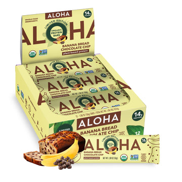 ALOHA Organic Plant Based Protein Bars - Banana Bread Chocolate Chip - Vegan, Gluten-Free, Low Sugar - 12 Count, 1.9oz Bars