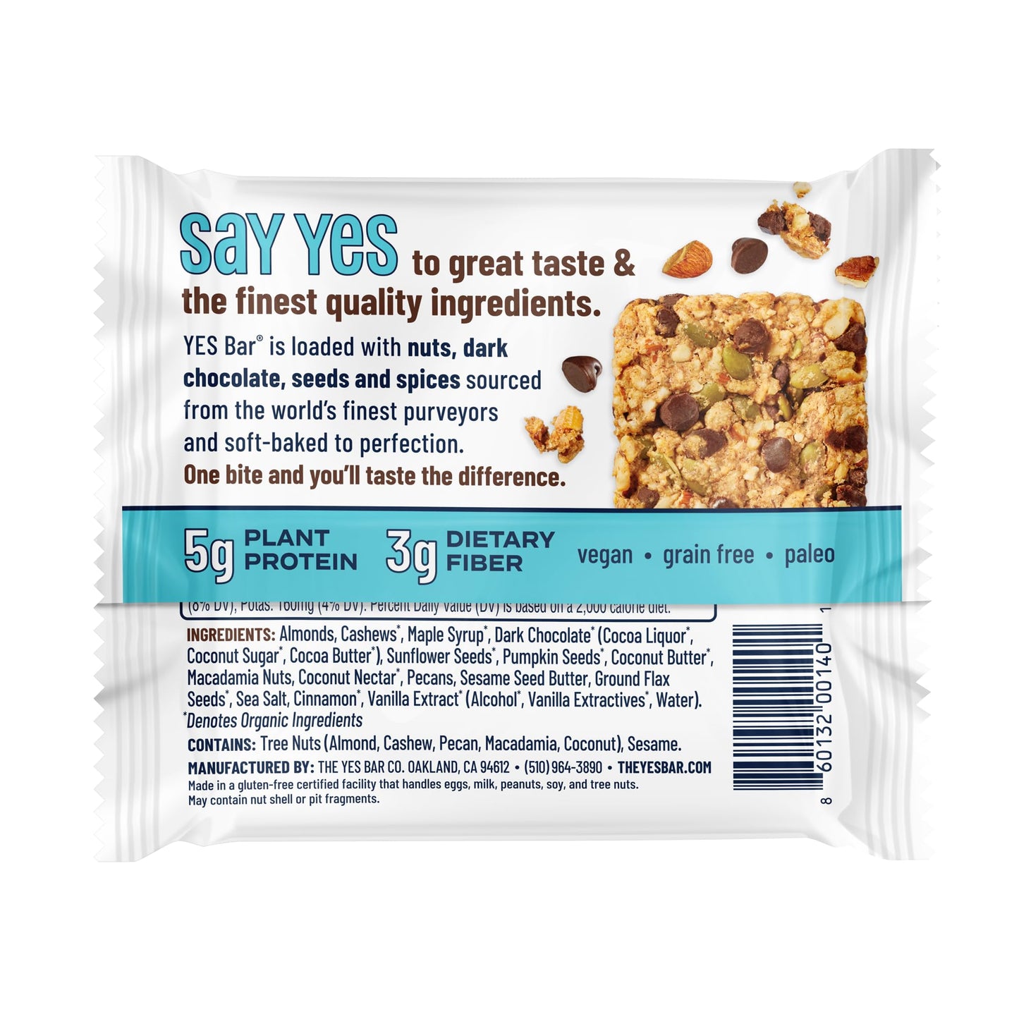 The Yes Bar - Dark Chocolate Chip - Plant Based Protein, Decadent Snack Bar - Vegan, Paleo, Gluten Free, Dairy Free, Low Sugar,