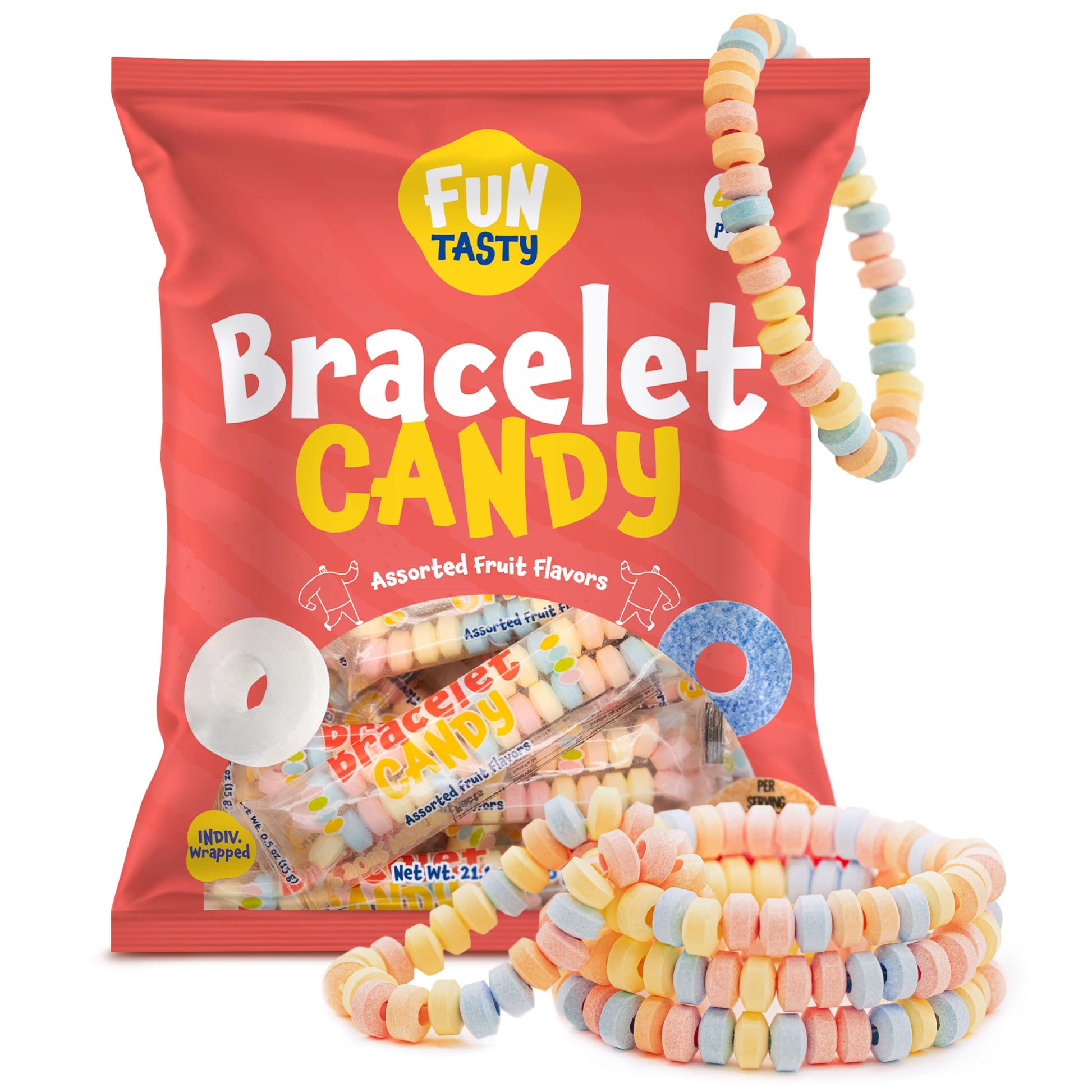 Funtasty Candy Bracelets - 21 Ounce Bag (40 Count) - Party Favors - Fruit Flavors - Individually Wrapped - Stretchable
