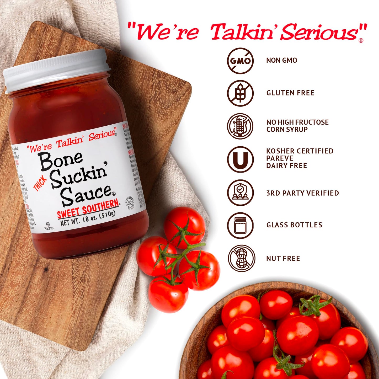 Bone Suckin' Sauce Sweet Southern Thick BBQ Sauce, 18 oz Glass Bottle, For Ribs, Chicken, Pork, Beef - Gluten-Free, Non-GMO, Kos