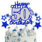 Happy 50th Birthday Cake Topper, Blue and Silver Glitter Cake Toppers, 50 Year Birthday Party Cake Decoration