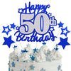 Happy 50th Birthday Cake Topper, Blue and Silver Glitter Cake Toppers, 50 Year Birthday Party Cake Decoration