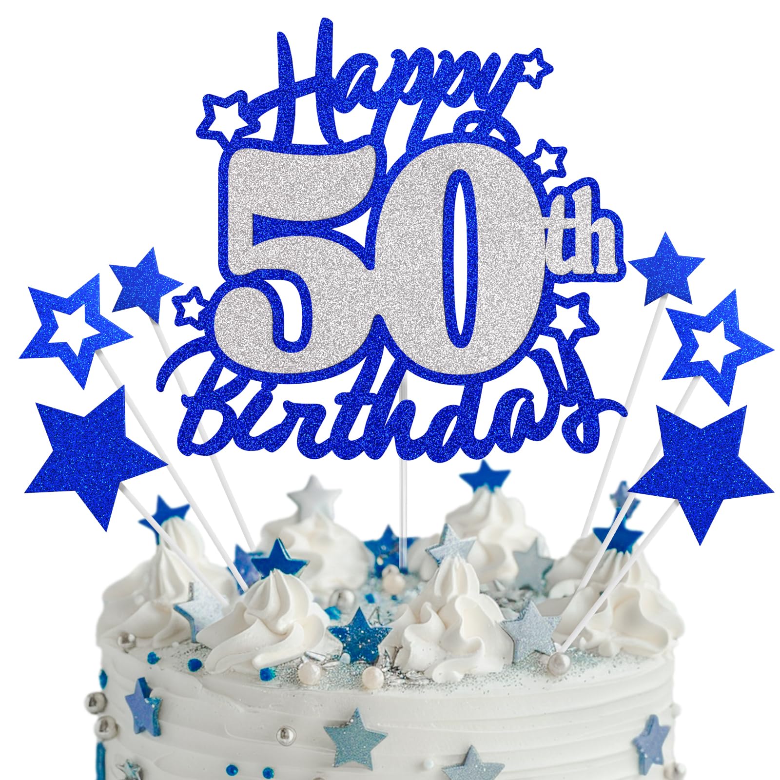 Happy 50th Birthday Cake Topper, Blue and Silver Glitter Cake Toppers, 50 Year Birthday Party Cake Decoration