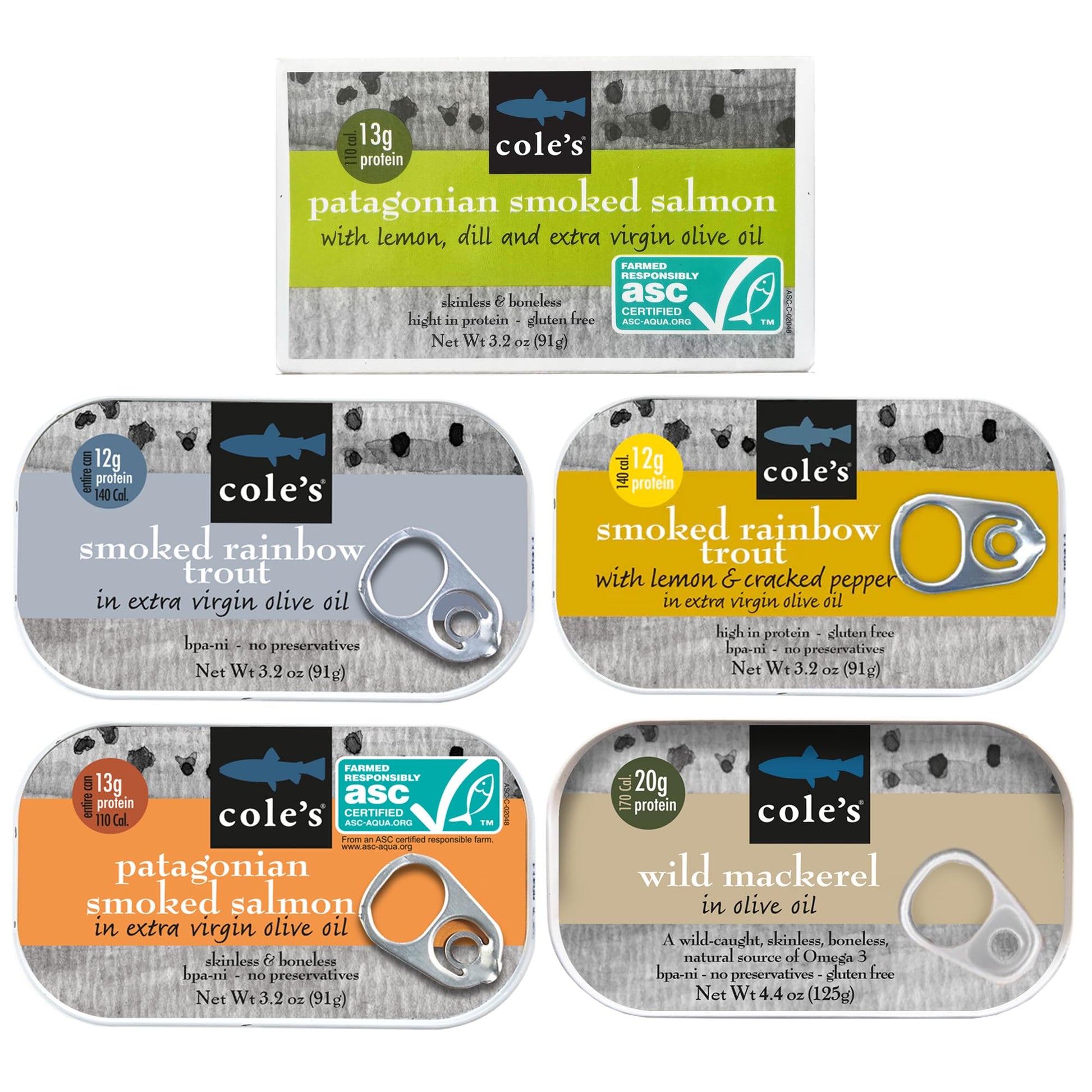 ColeS Seafood Sampler Variety Pack - With Skinless  Boneless Rich Flavor Salmon And Wild Caught Mackerel  And Rich Flavor Fresh Water Rainbow Trout  Canned Fish  High In Protein  5 Pack