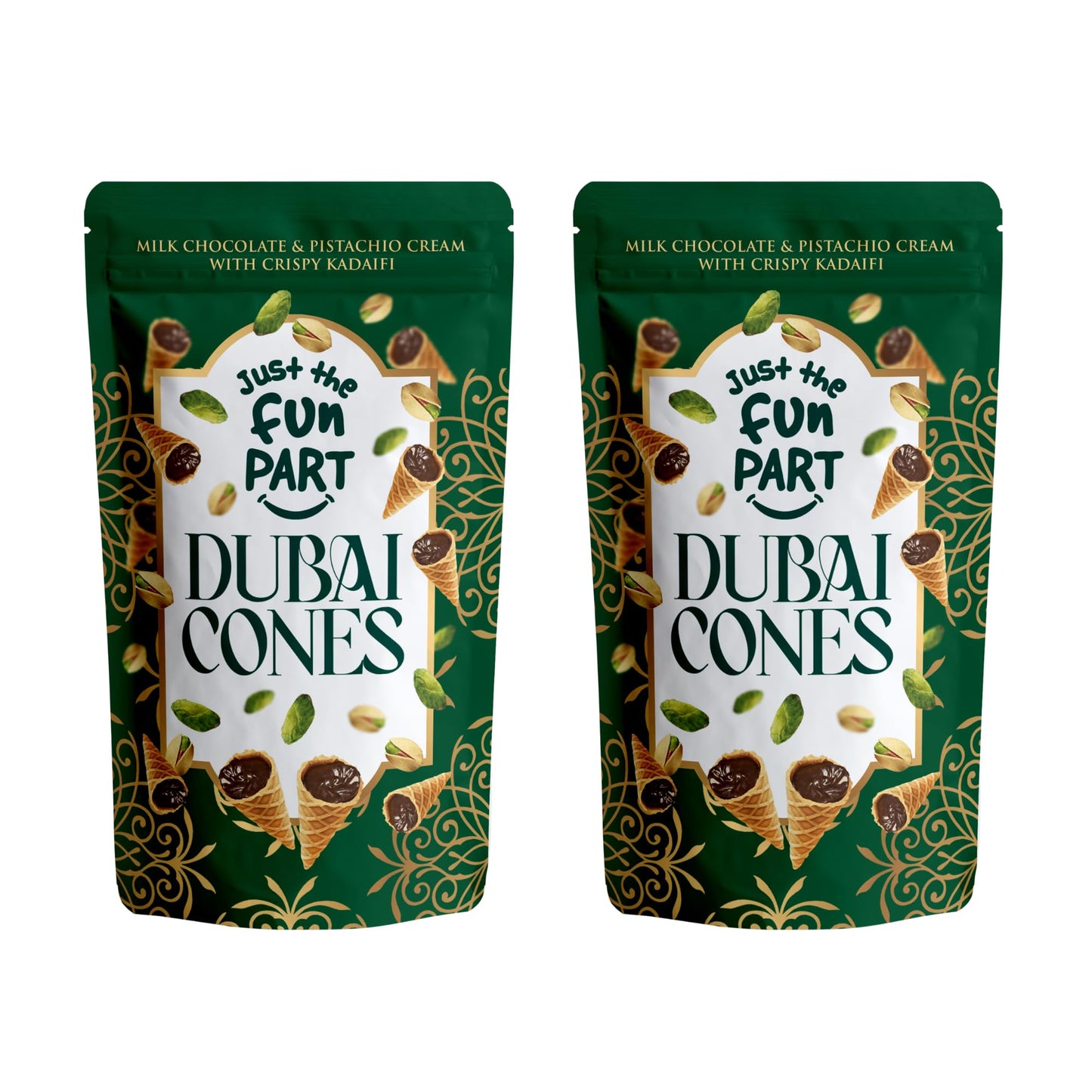 Just The Fun Part | Bite-Size Crispy Mini Waffle Dubai Cones | Filled With enhanced Belgian Milk Chocolate & Pistachio Cream with Crispy Kadaifi| 4.23 Ounce (Pack of 2  Dubai Cones)