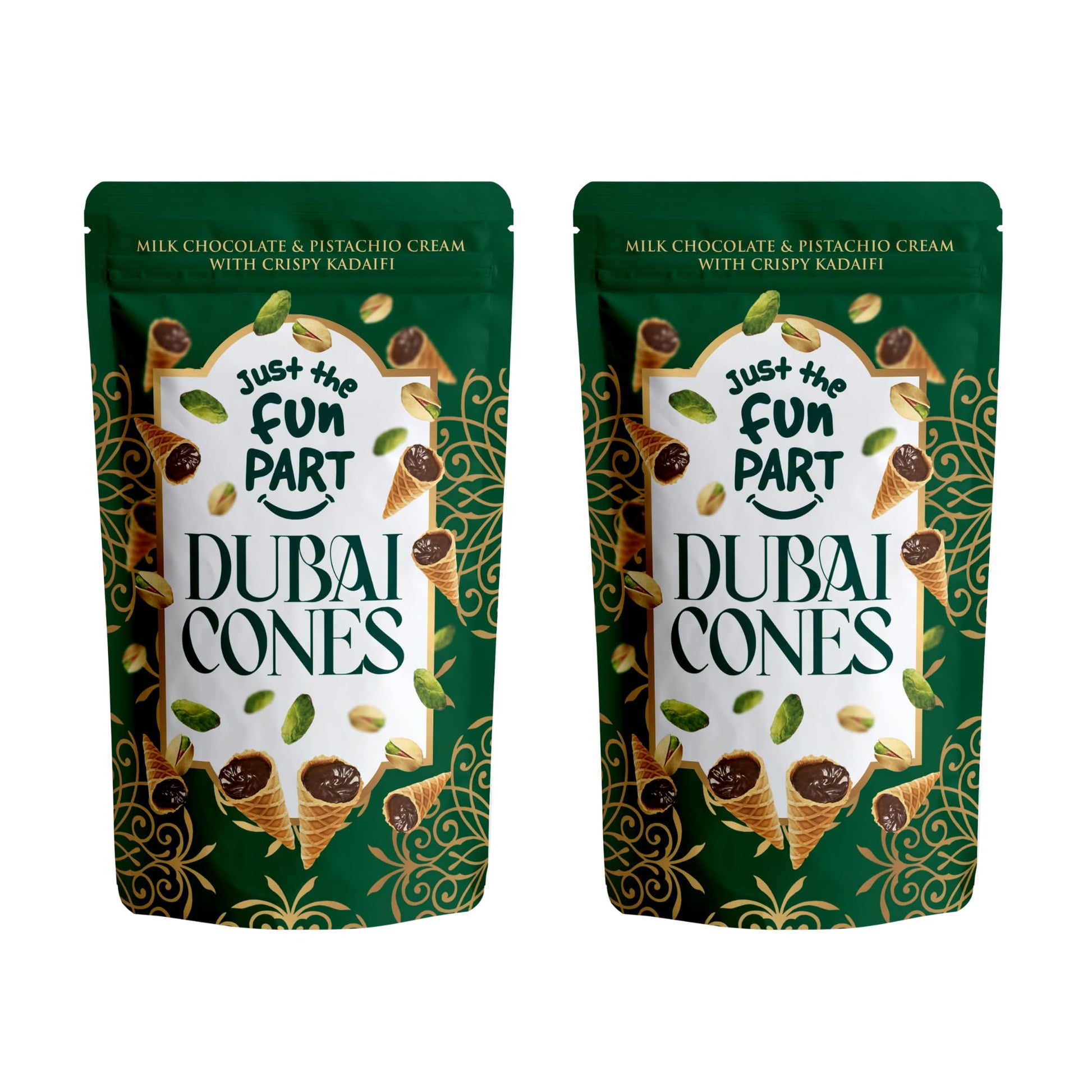 Just The Fun Part | Bite-Size Crispy Mini Waffle Dubai Cones | Filled With enhanced Belgian Milk Chocolate & Pistachio Cream with Crispy Kadaifi| 4.23 Ounce (Pack of 2  Dubai Cones)